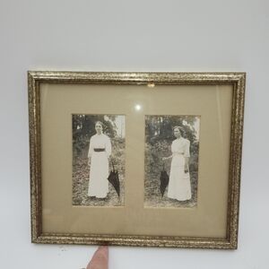 Vintage wood Frame named woman w/ umbrella gold double 3" x 5: black & white pic